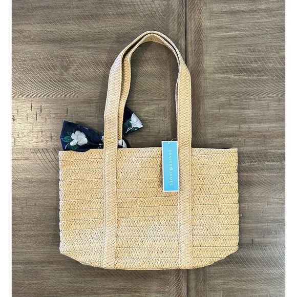 NWT Draper James Everyday Straw Tote Bag With Blue Floral Scarf Lined NEW - Picture 13 of 14